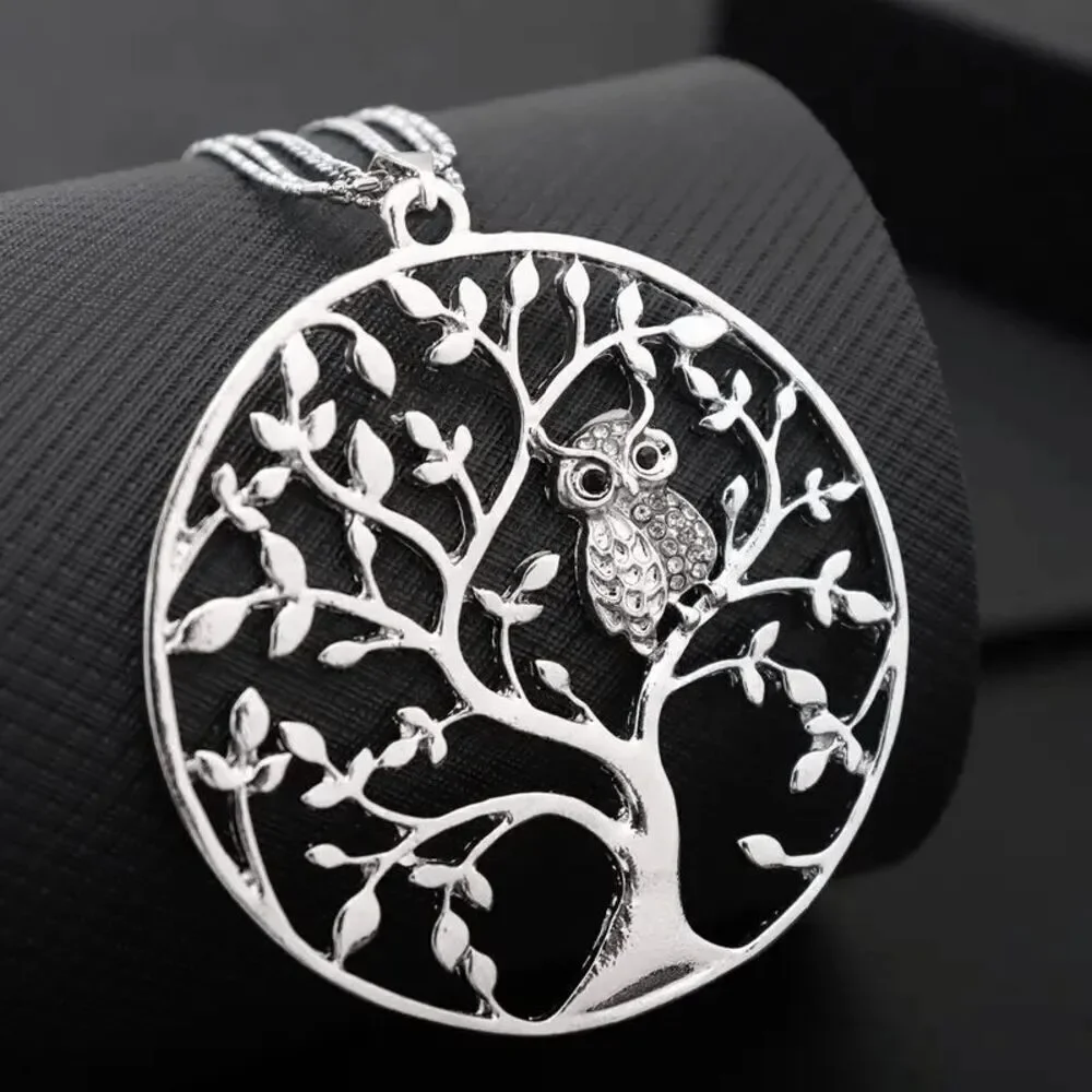 Silver Tree Of Life Diamond Owl Pendant Triple Chain Necklace